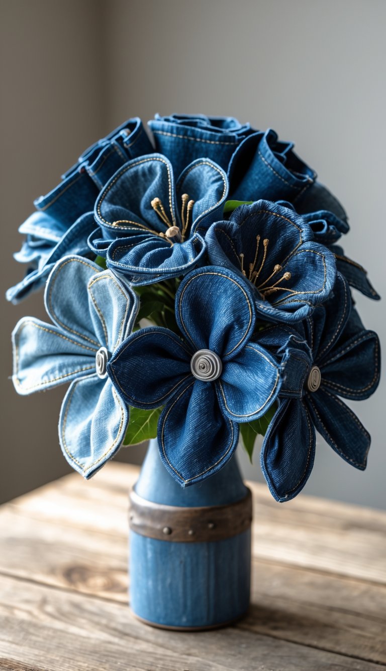 A bouquet made of blue denim fabric flowers arranged in a vase on a wooden table.